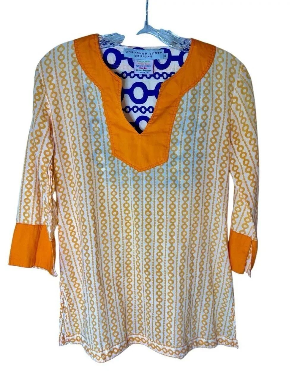 Gretchen Scott Womens Artsy Geometric Tunic Top Size XS Orange Gypsy Peasant